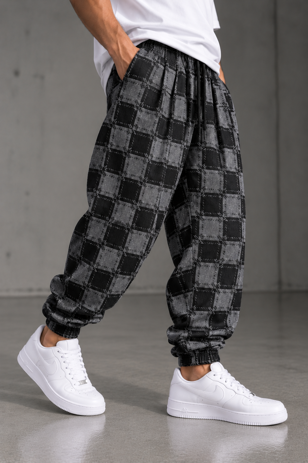 Siyah Gri Dama Desenli Jogger Pantolon