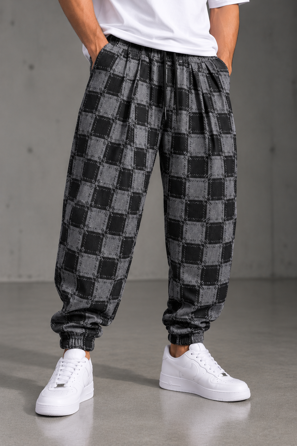 Siyah Gri Dama Desenli Jogger Pantolon