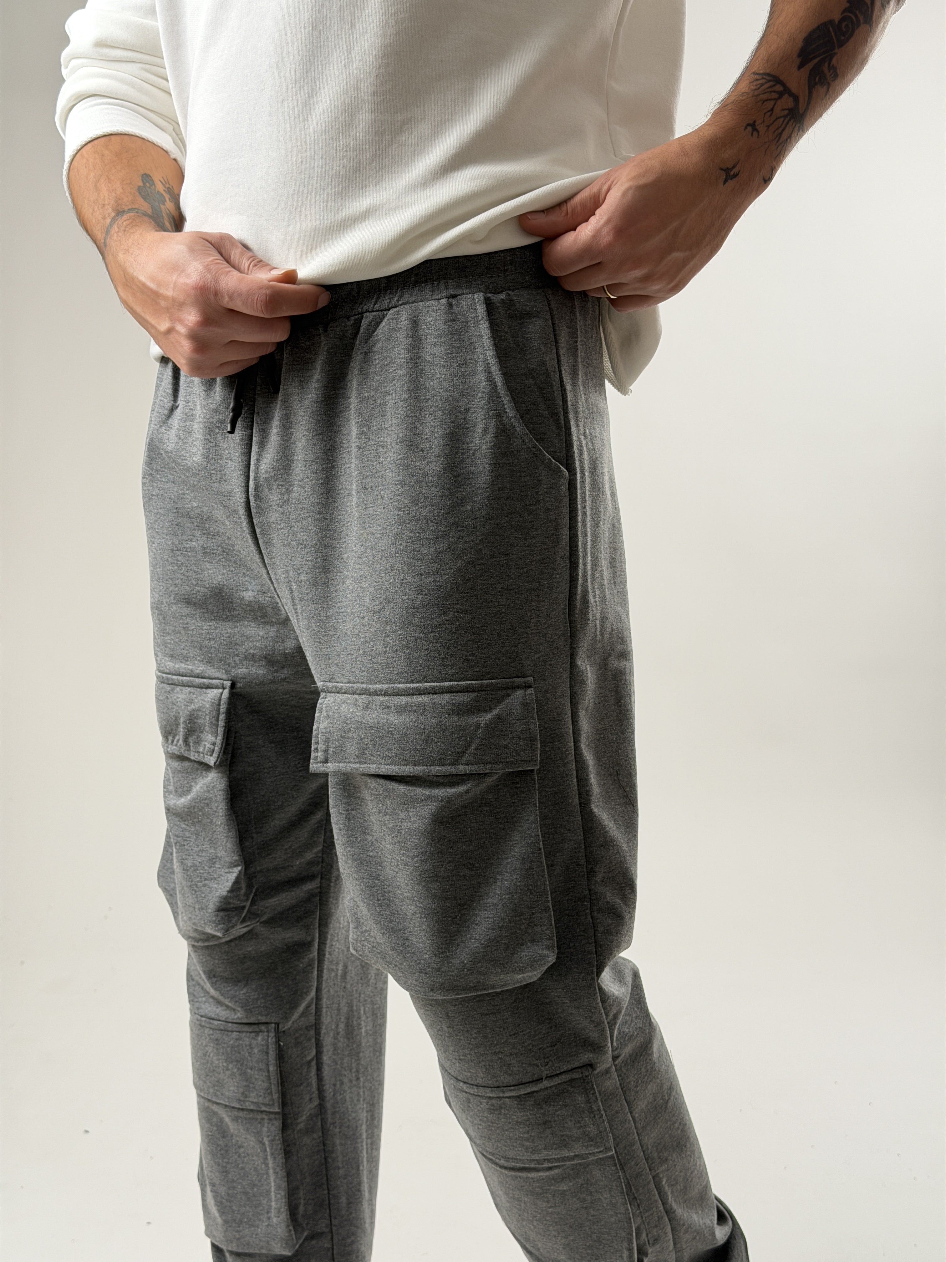 Dark Grey Melange Büzgülü Cepli Jogger Pantolon