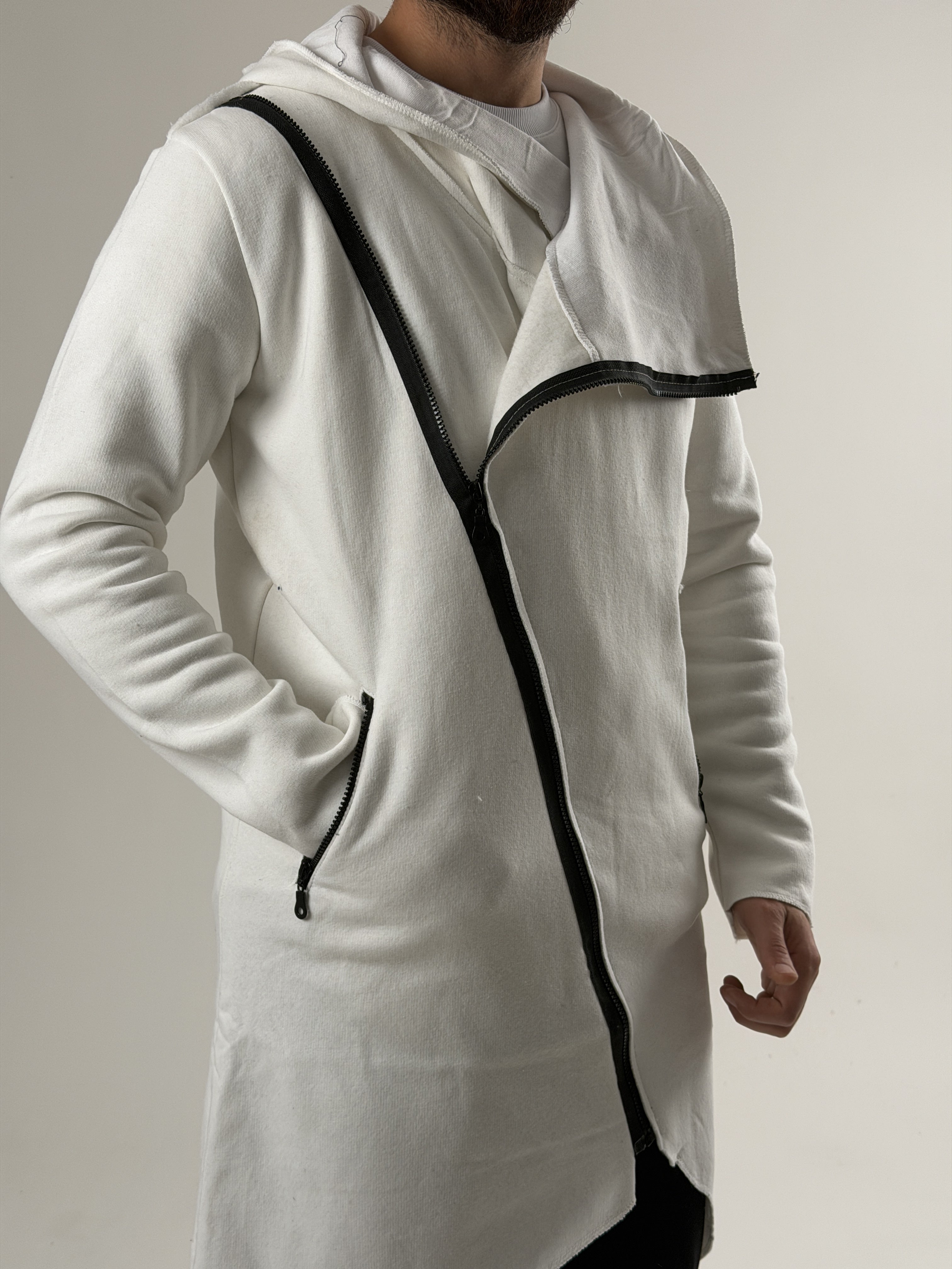 White Contrast Fermuarlı Uzun Sweatshirt