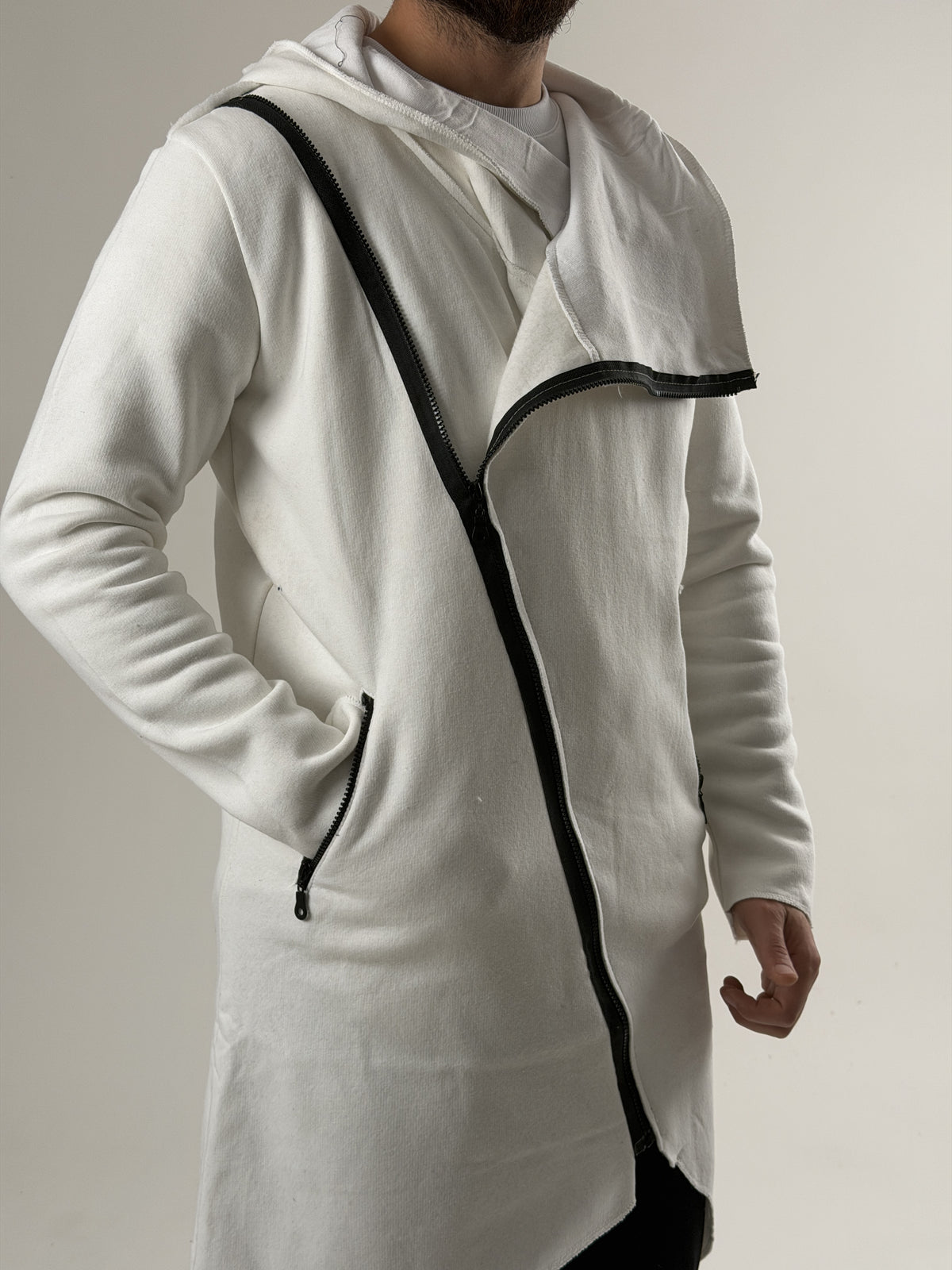 White Contrast Fermuarlı Uzun Sweatshirt