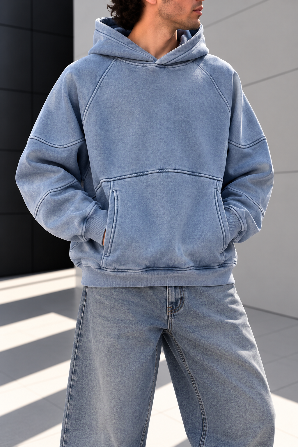 Açık Mavi Yıkamalı Oversize Kapüşonlu Sweatshirt