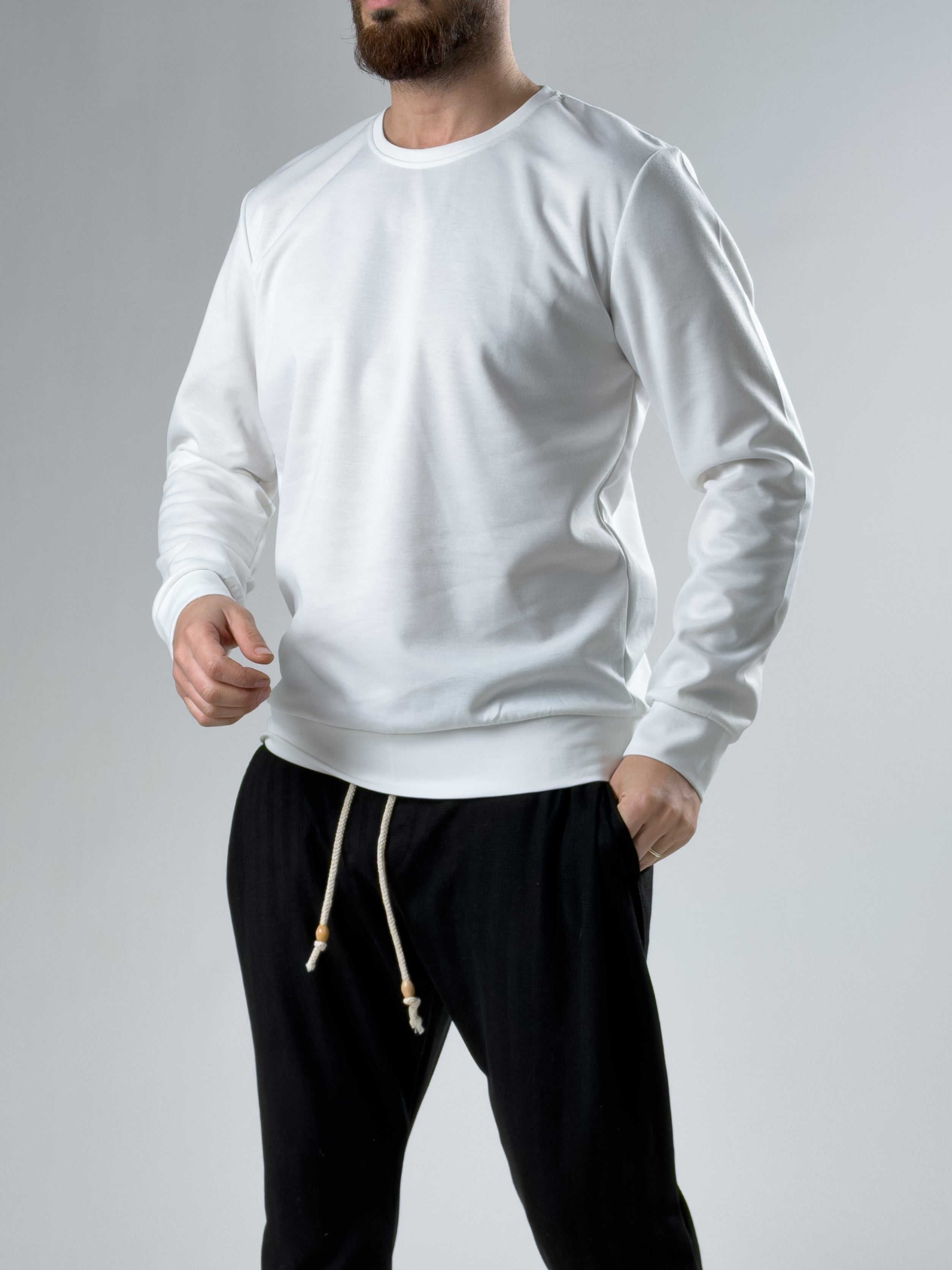 Ekru Basic Bisiklet Yaka Sweatshirt