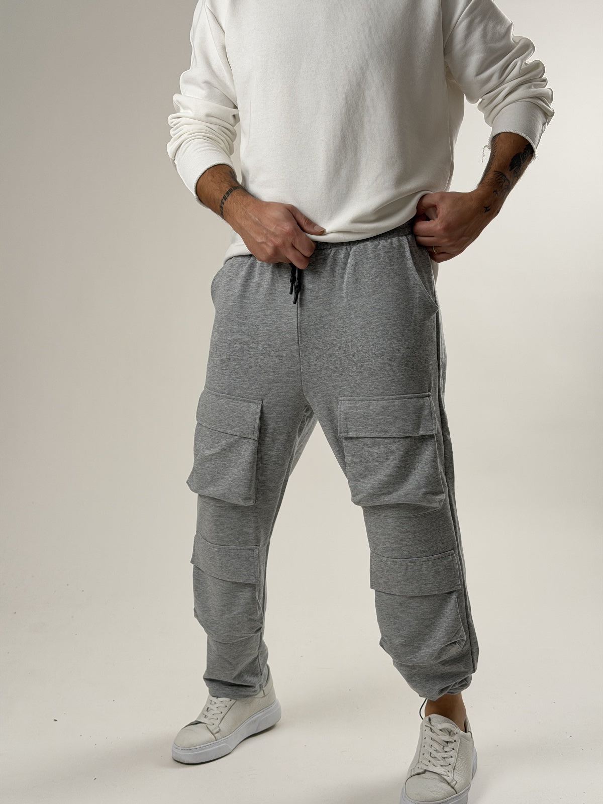Light Grey Büzgülü Cepli Jogger Pantolon Ürün ikincil görseli