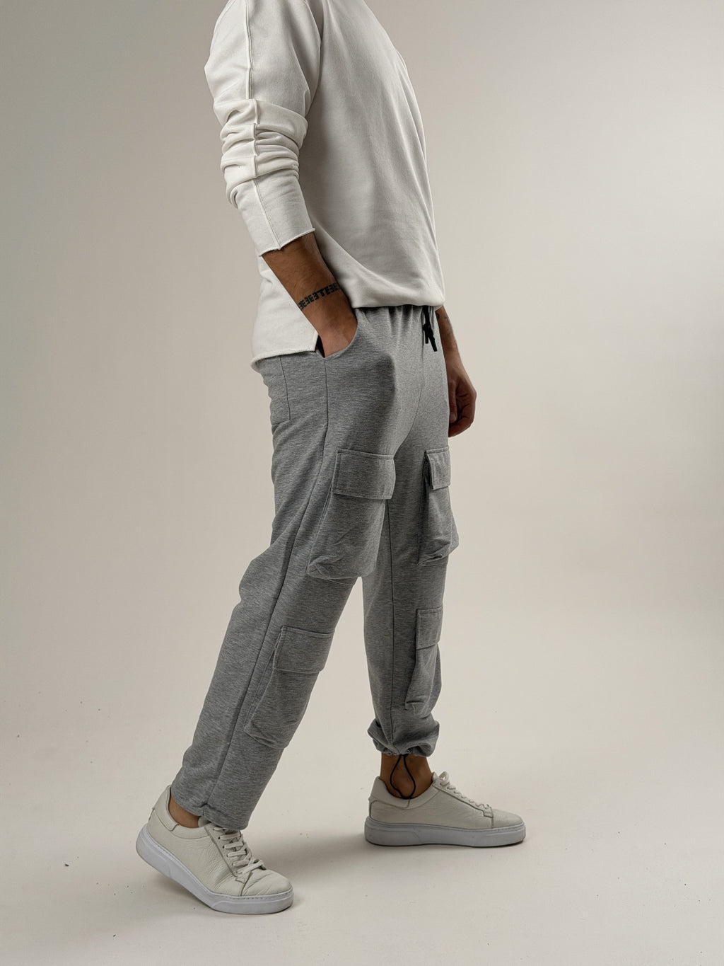 Light Grey Büzgülü Cepli Jogger Pantolon
