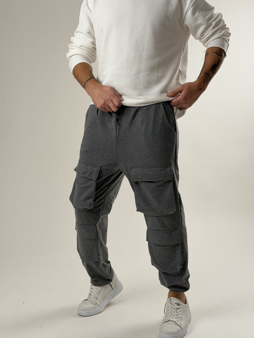 Dark Grey Melange Büzgülü Cepli Jogger Pantolon