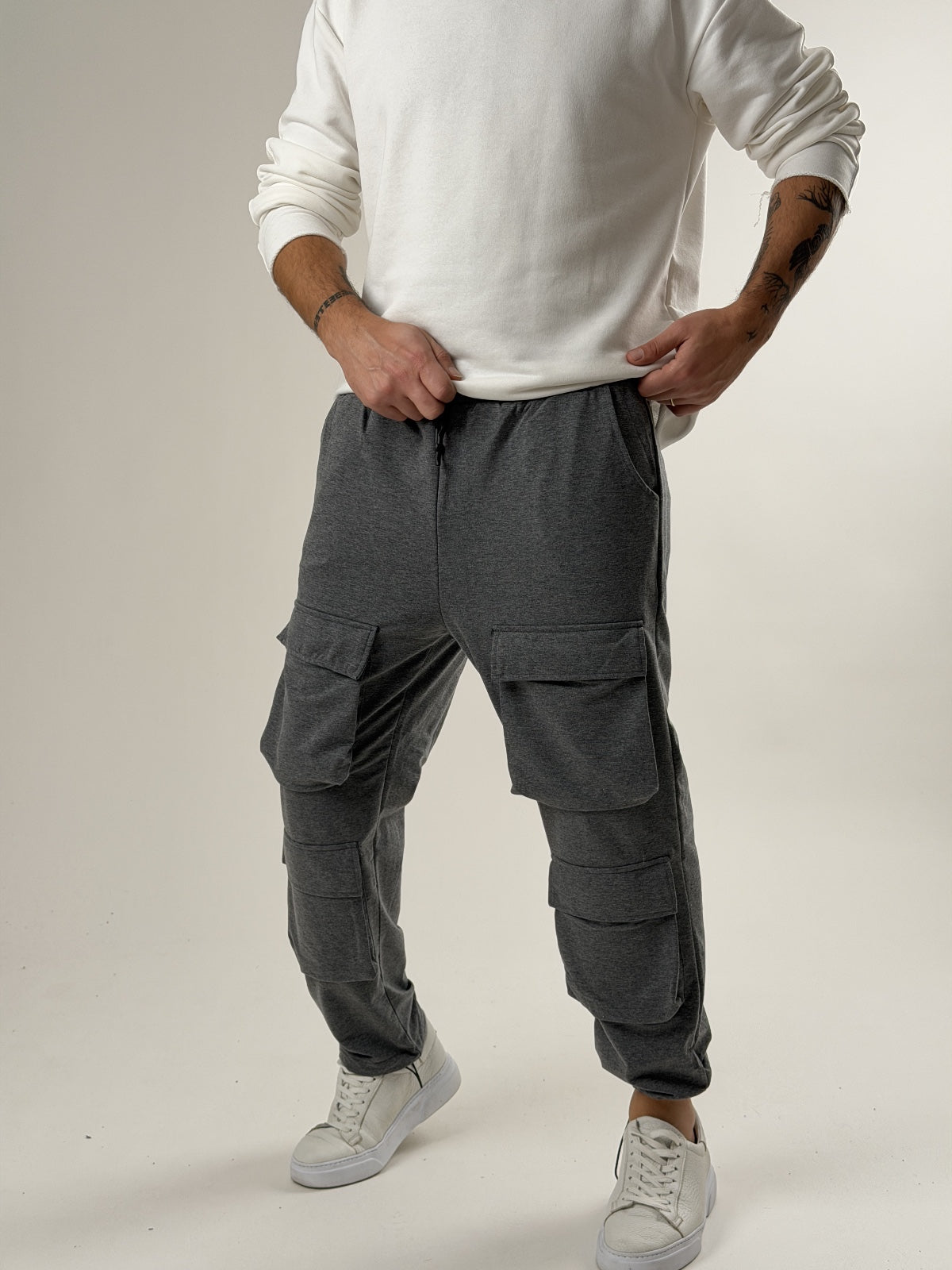 Dark Grey Melange Büzgülü Cepli Jogger Pantolon