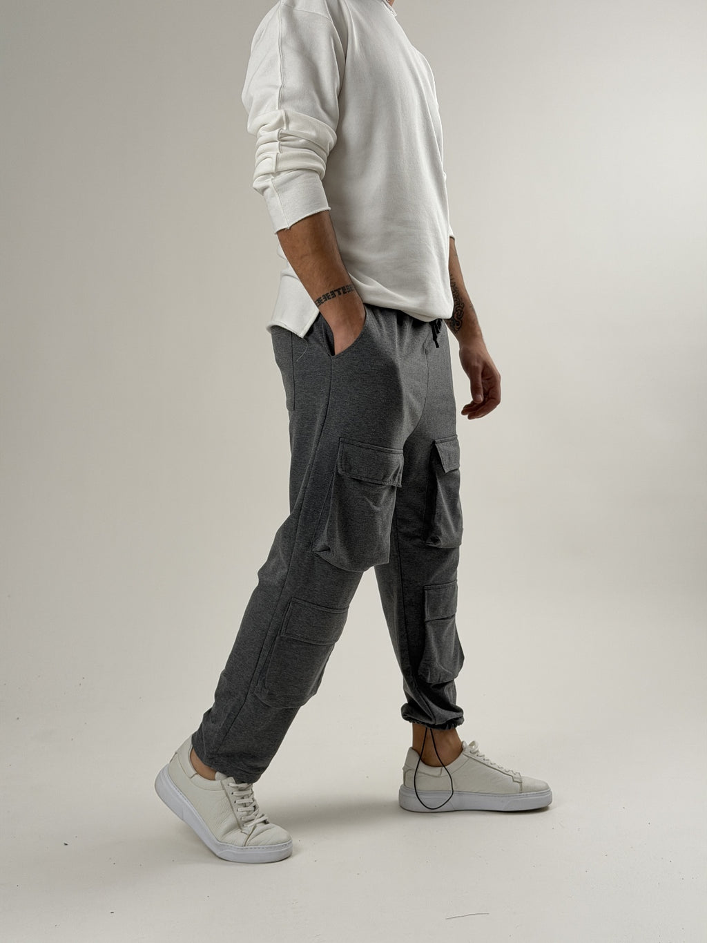 Dark Grey Melange Büzgülü Cepli Jogger Pantolon