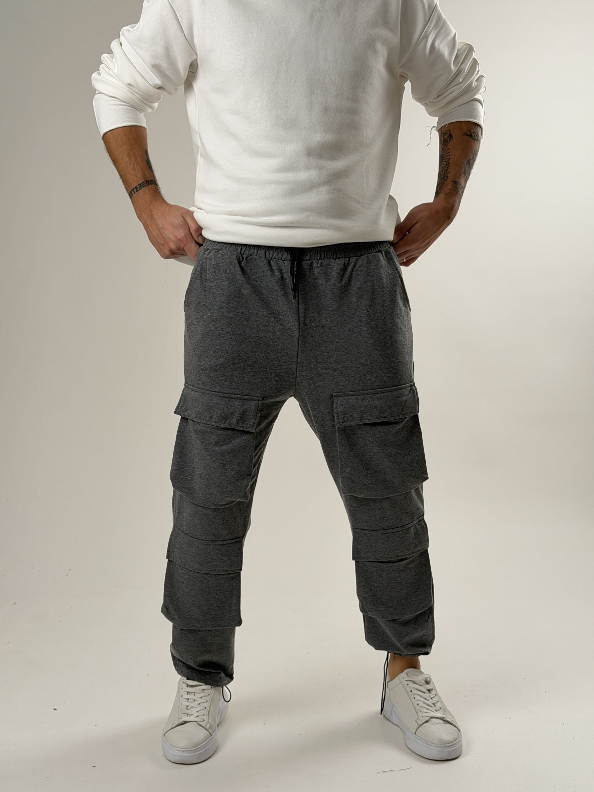 Dark Grey Melange Büzgülü Cepli Jogger Pantolon