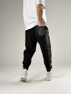 Yan Desenli Siyah Jogger Pantolon