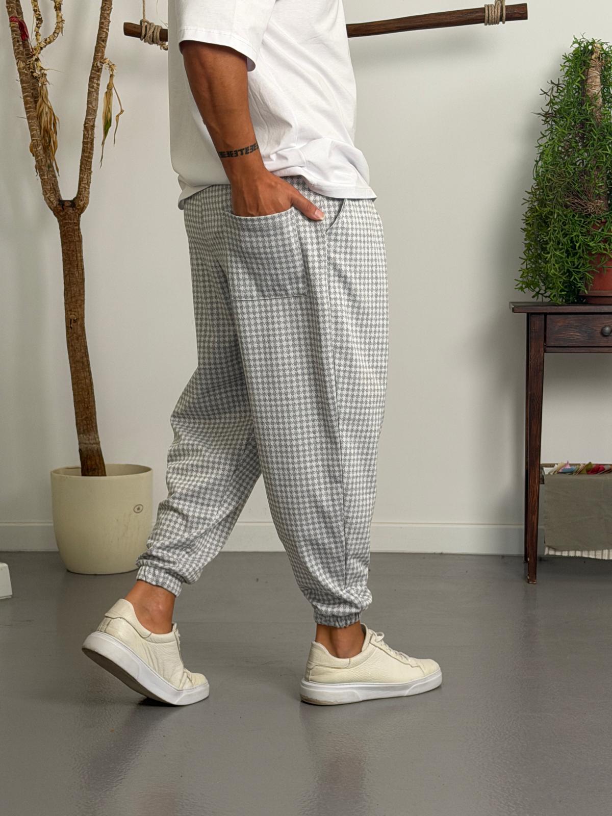 Açık Gri Kazayağı Desenli Jogger Pantolon