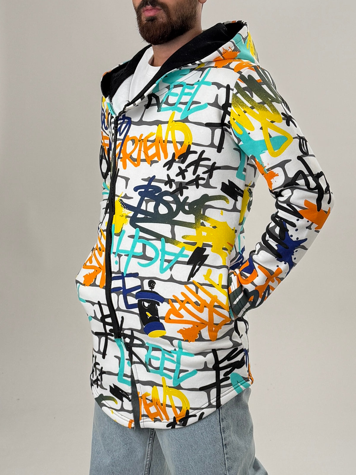 Graffiti Kapüşonlu Uzun Hırka