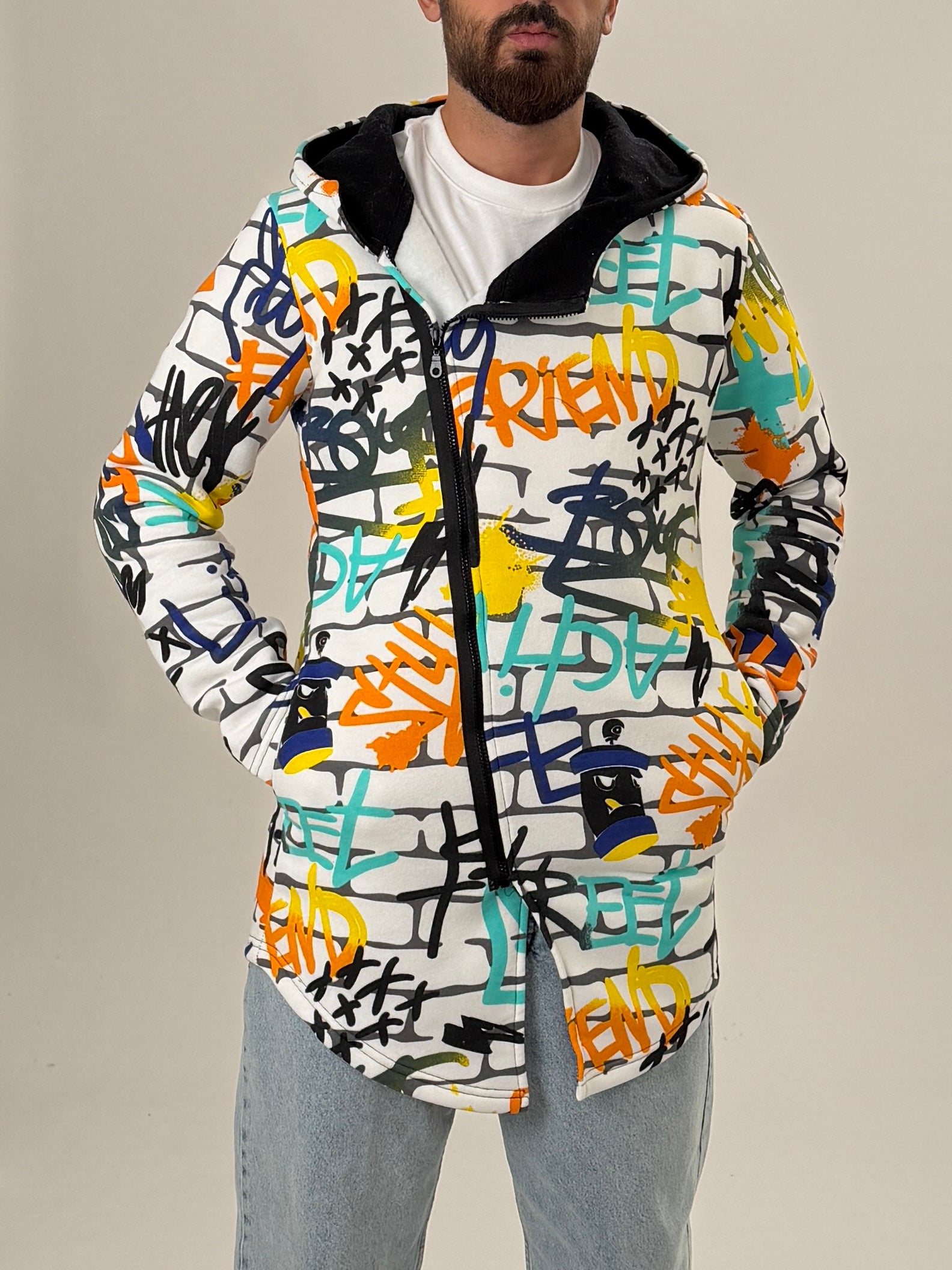 Graffiti Kapüşonlu Uzun Hırka