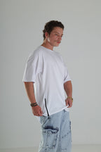 Yan Fermuar Detaylı Oversize T-Shirt - Beyaz