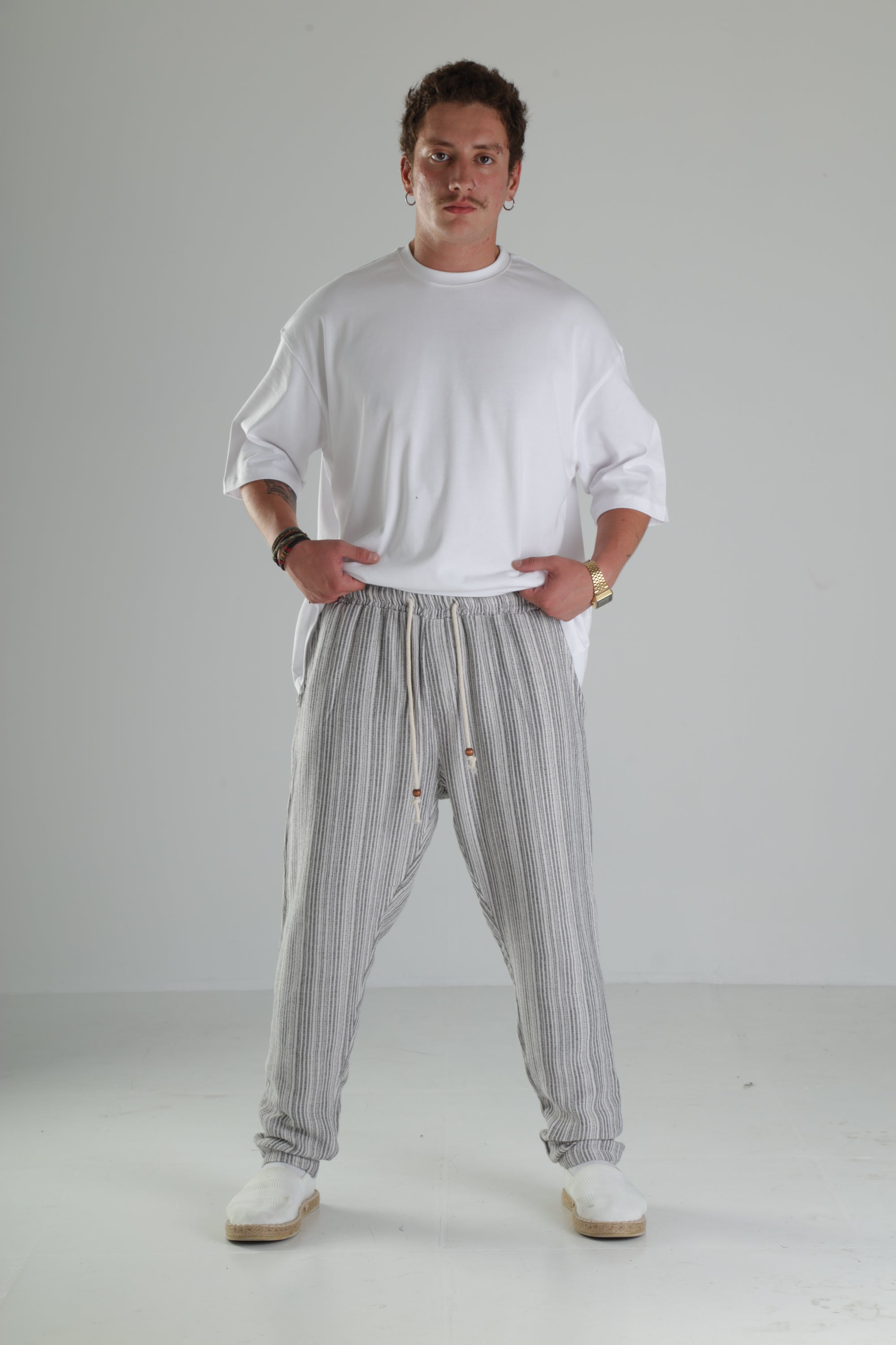 Gri Çizgili Keten Müslin Baggy Pantolon - Premium