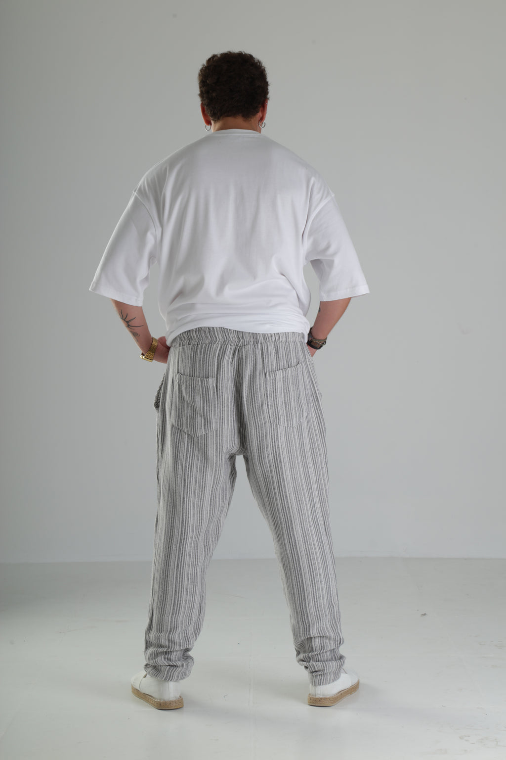 Gri Çizgili Keten Müslin Baggy Pantolon - Premium