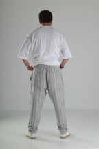 Gri Çizgili Keten Müslin Baggy Pantolon - Premium