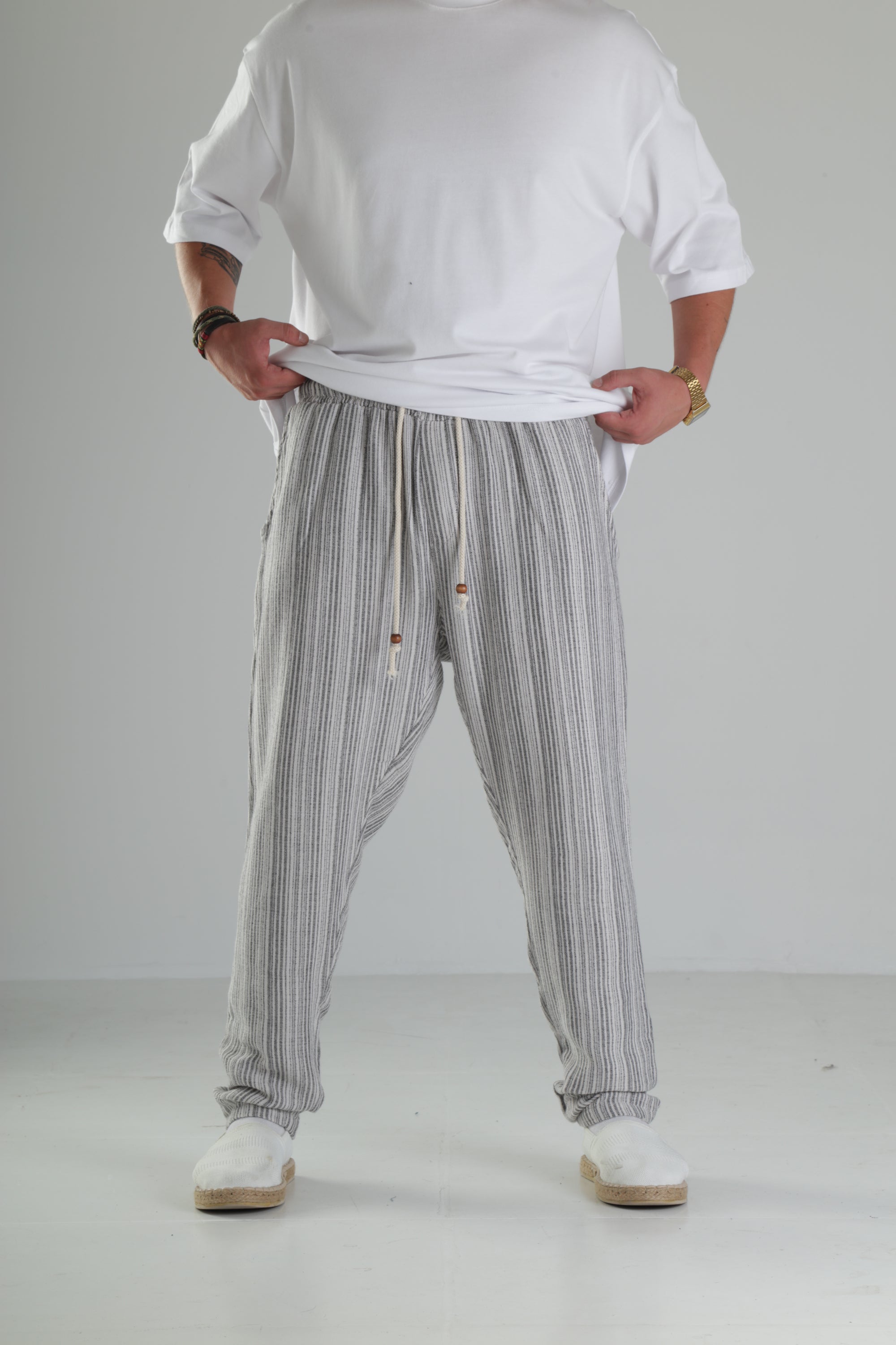 Gri Çizgili Keten Müslin Baggy Pantolon - Premium Ürün ana görseli