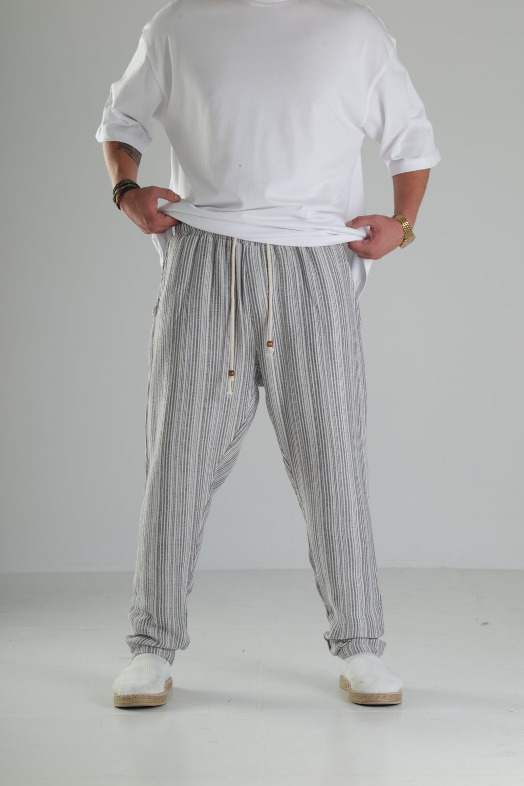 Gri Çizgili Keten Müslin Baggy Pantolon - Premium