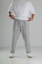 Gri Çizgili Keten Müslin Baggy Pantolon - Premium
