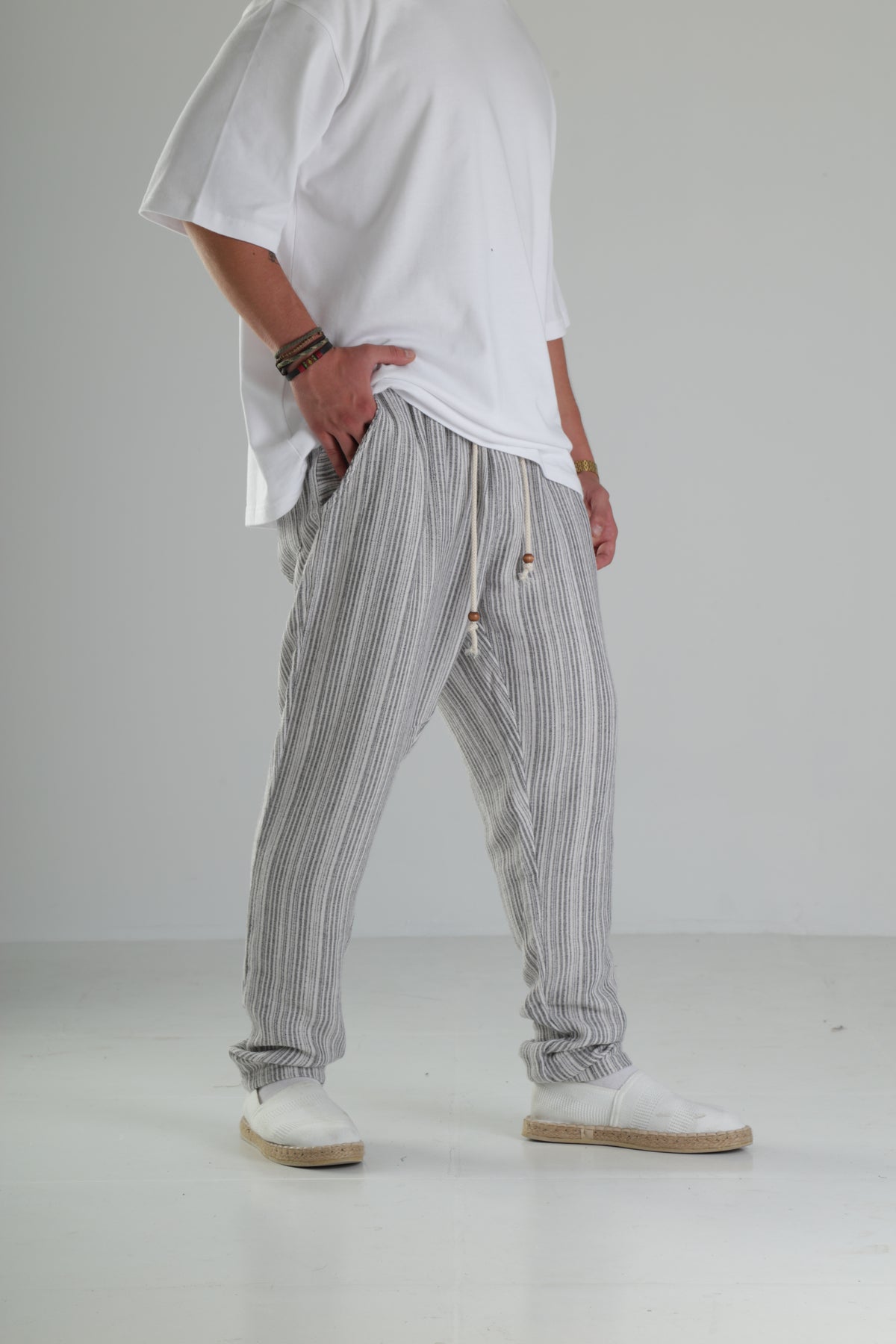 Gri Çizgili Keten Müslin Baggy Pantolon - Premium