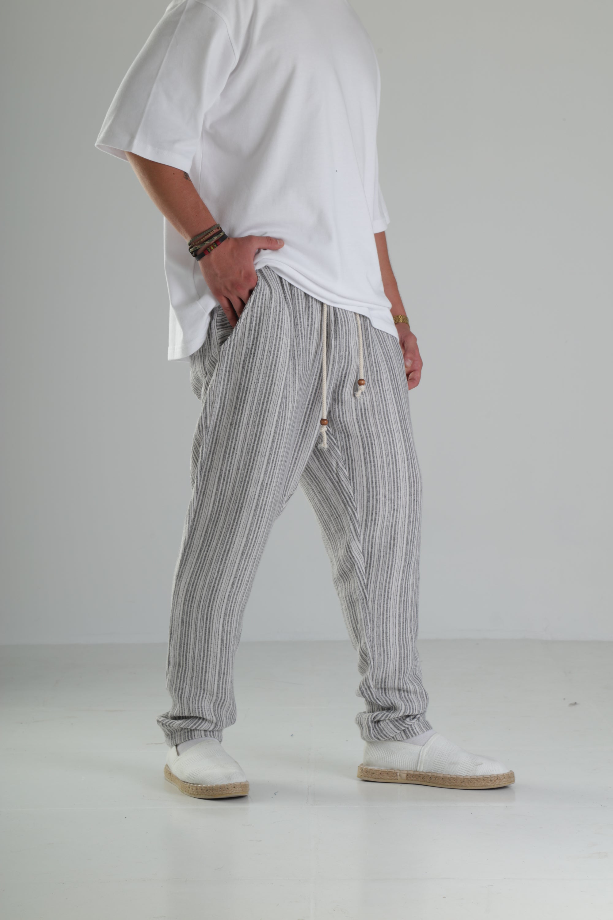 Gri Çizgili Keten Müslin Baggy Pantolon - Premium