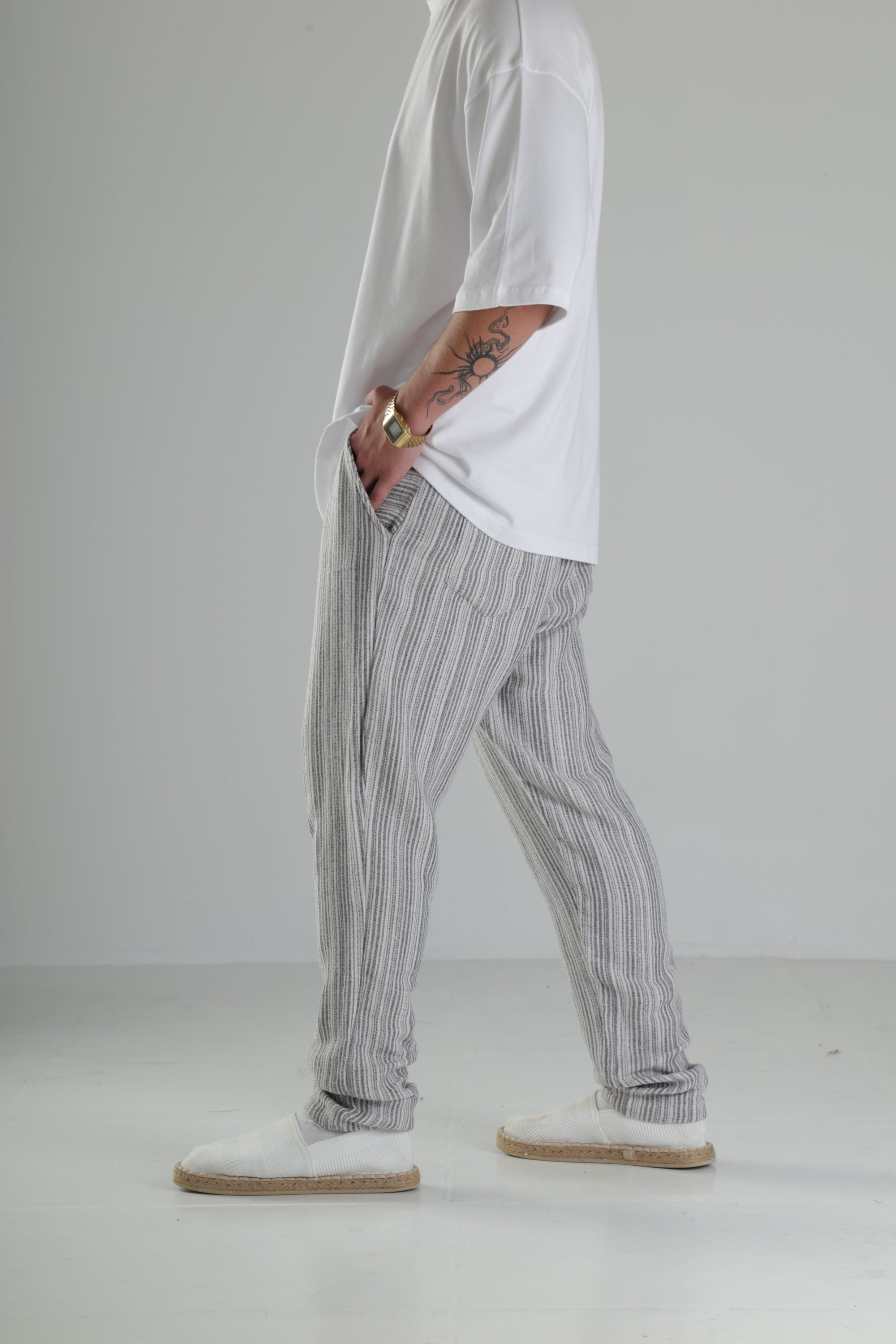 Gri Çizgili Keten Müslin Baggy Pantolon - Premium