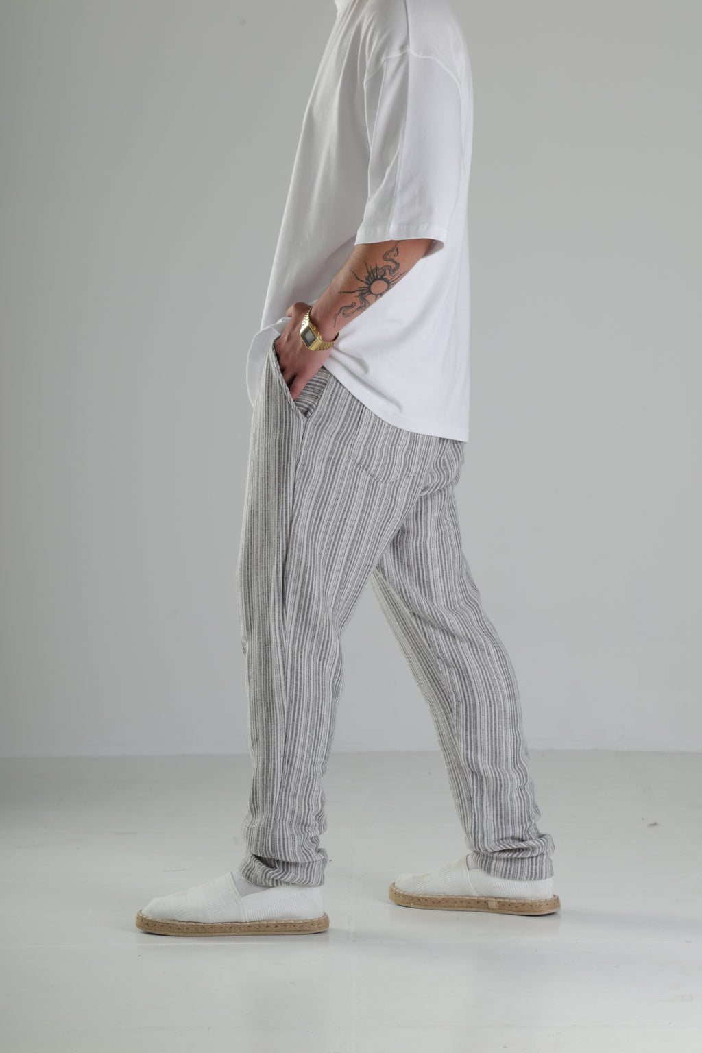 Gri Çizgili Keten Müslin Baggy Pantolon - Premium