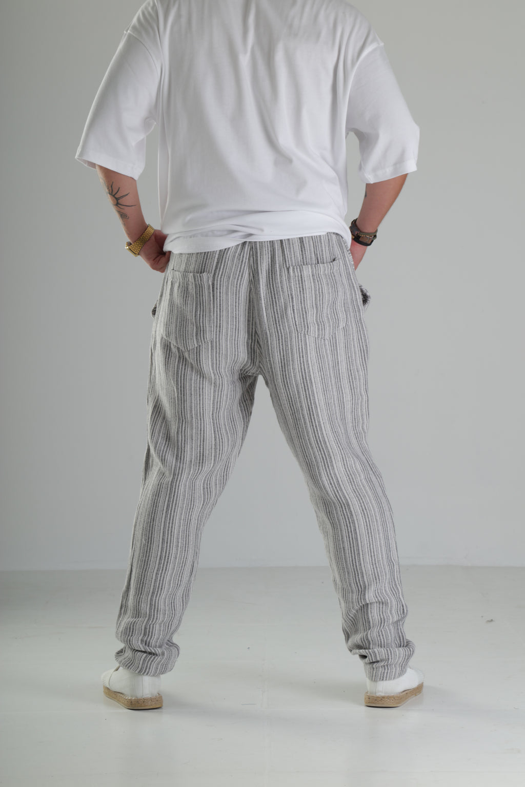 Gri Çizgili Keten Müslin Baggy Pantolon - Premium