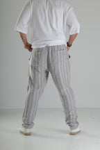 Gri Çizgili Keten Müslin Baggy Pantolon - Premium