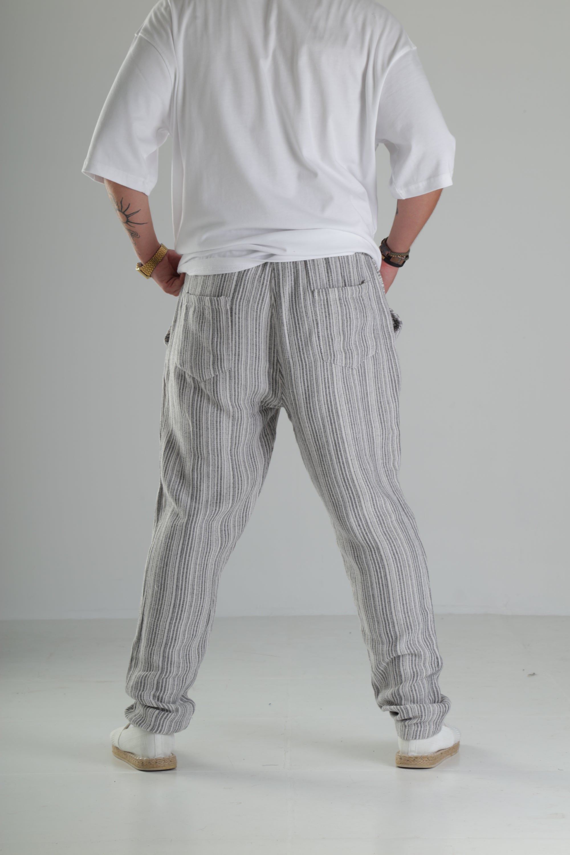Gri Çizgili Keten Müslin Baggy Pantolon - Premium