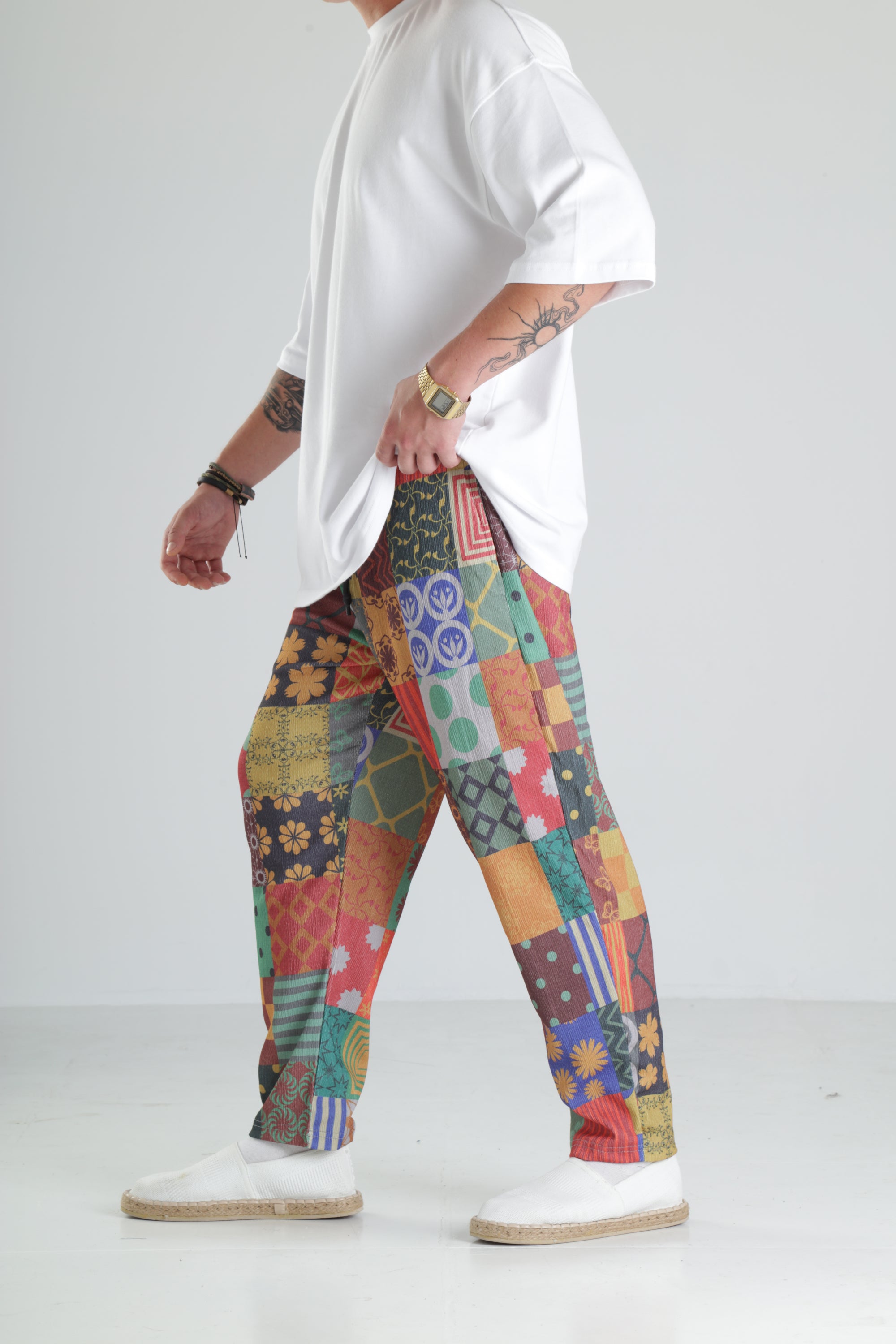 Patchwork Desen Baggy Pantolon – Renkli