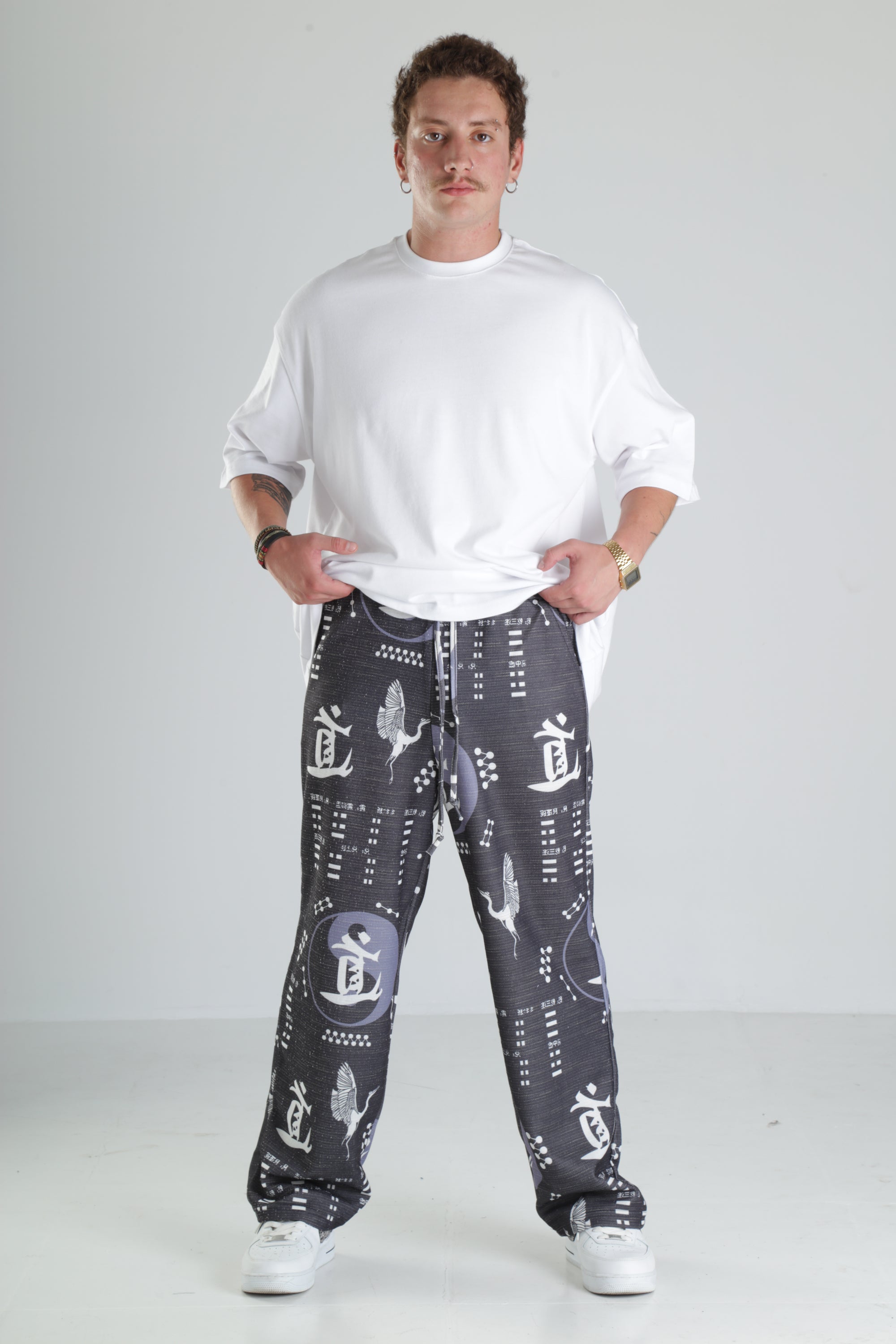 Japon Turna Desen Siyah Baggy Pantolon