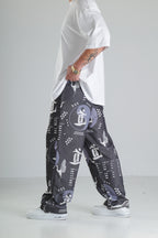Japon Turna Desen Siyah Baggy Pantolon