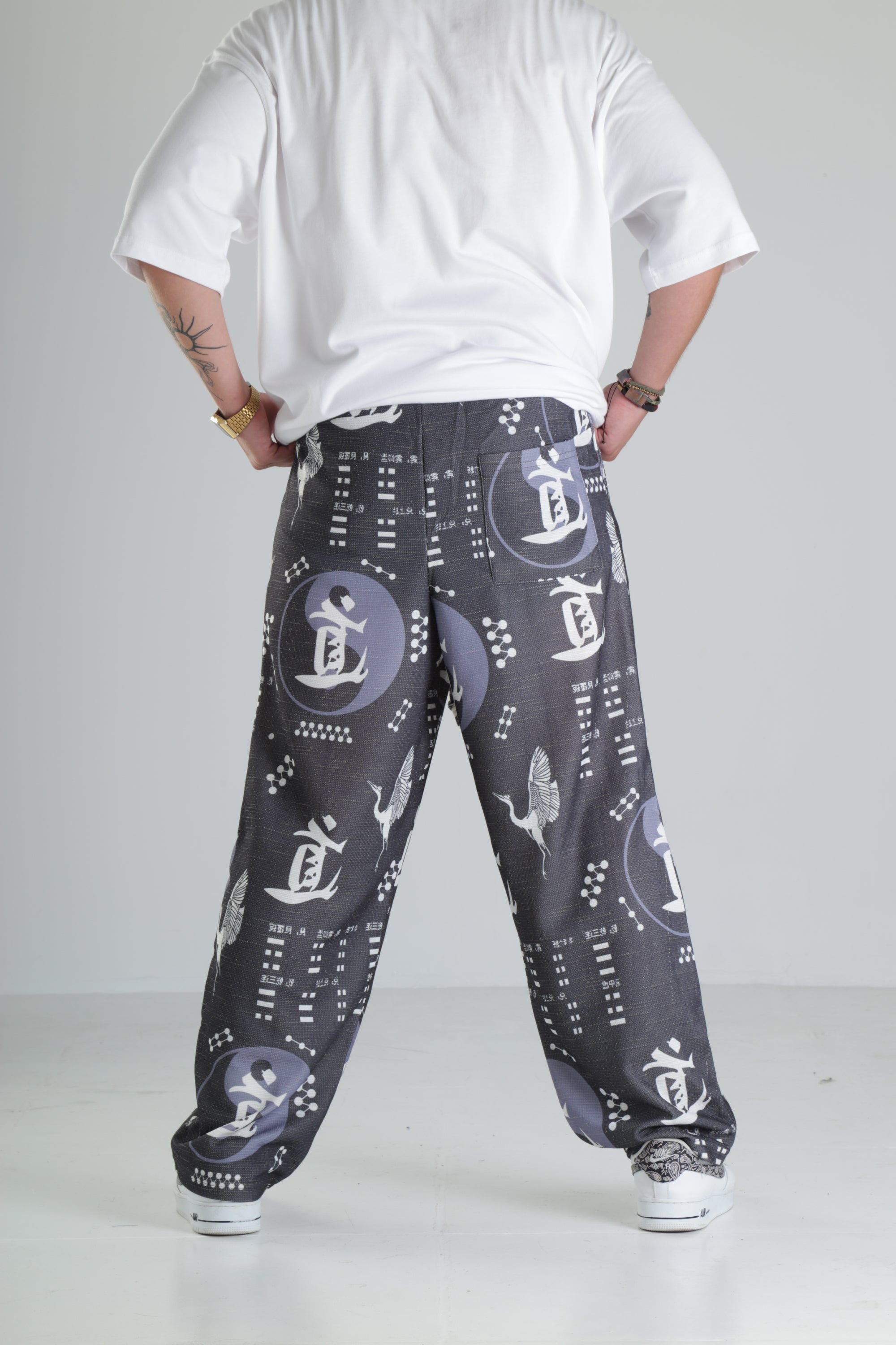 Japon Turna Desen Siyah Baggy Pantolon