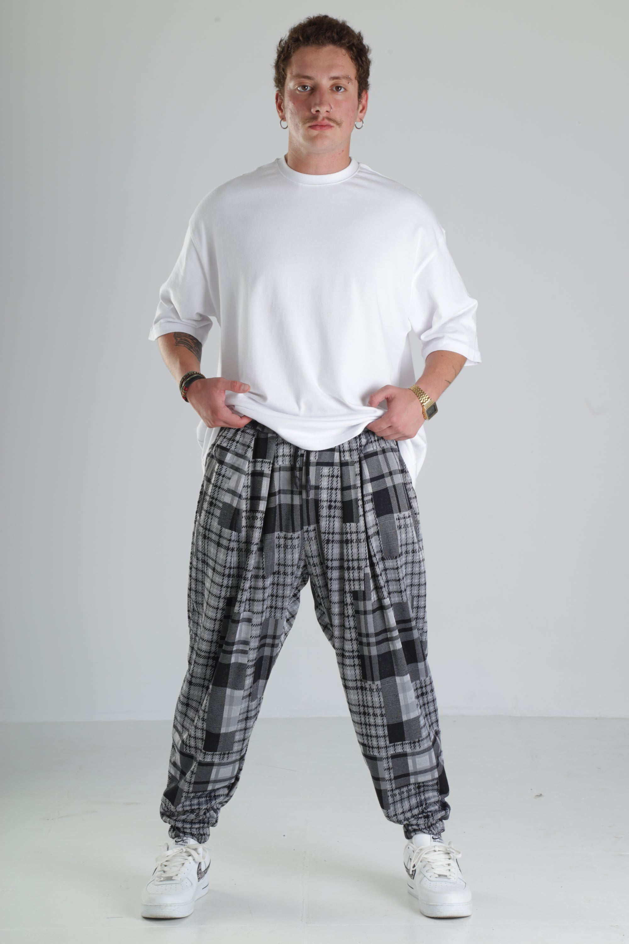 Gri Kare Desenli Paça Lastikli Jogger Pantolon