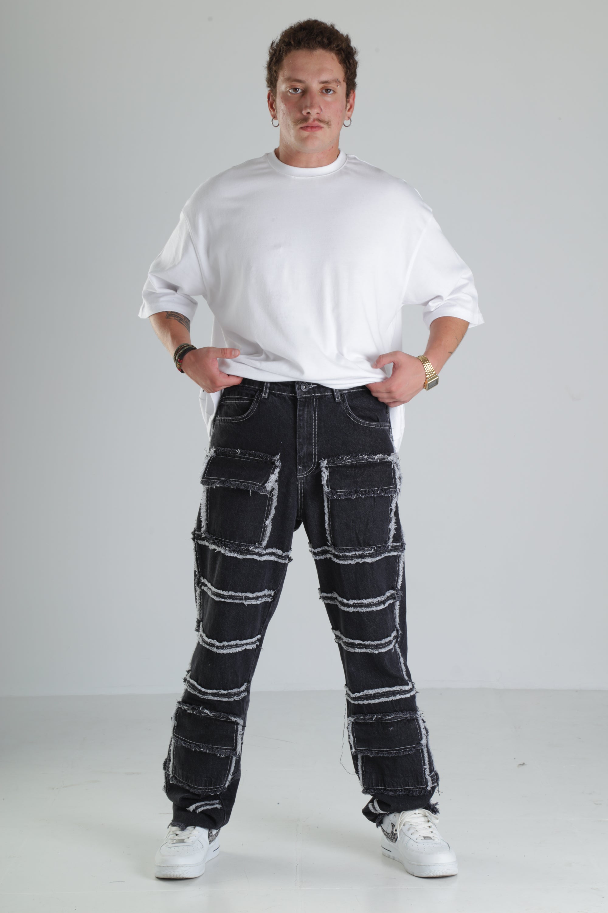 Siyah Yırtık Detaylı Baggy Jean Pantolon
