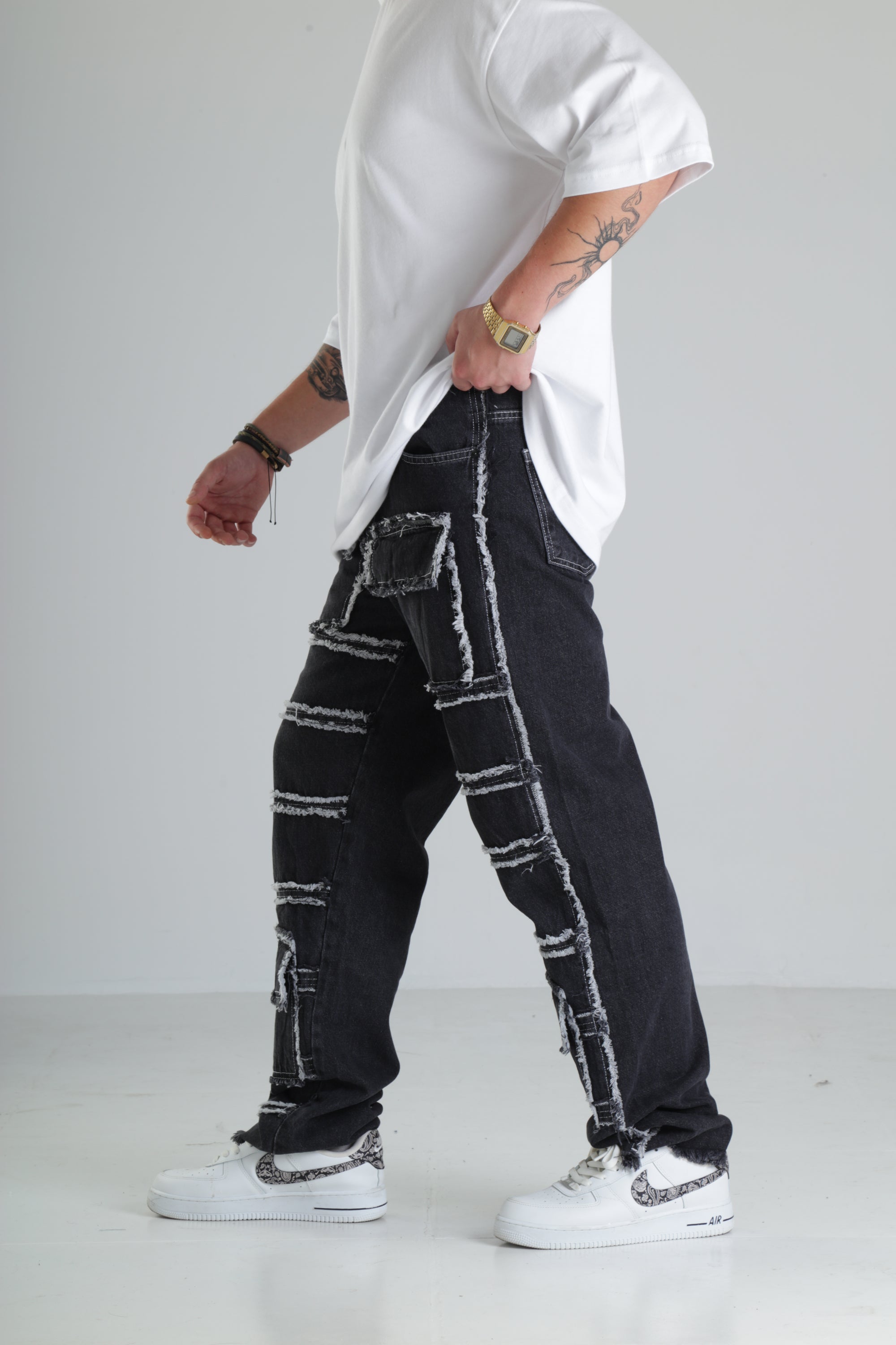 Siyah Yırtık Detaylı Baggy Jean Pantolon