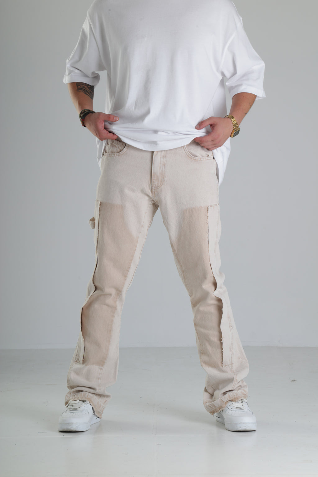 Bej Renk Yırtık Detaylı Baggy Jean Pantolon