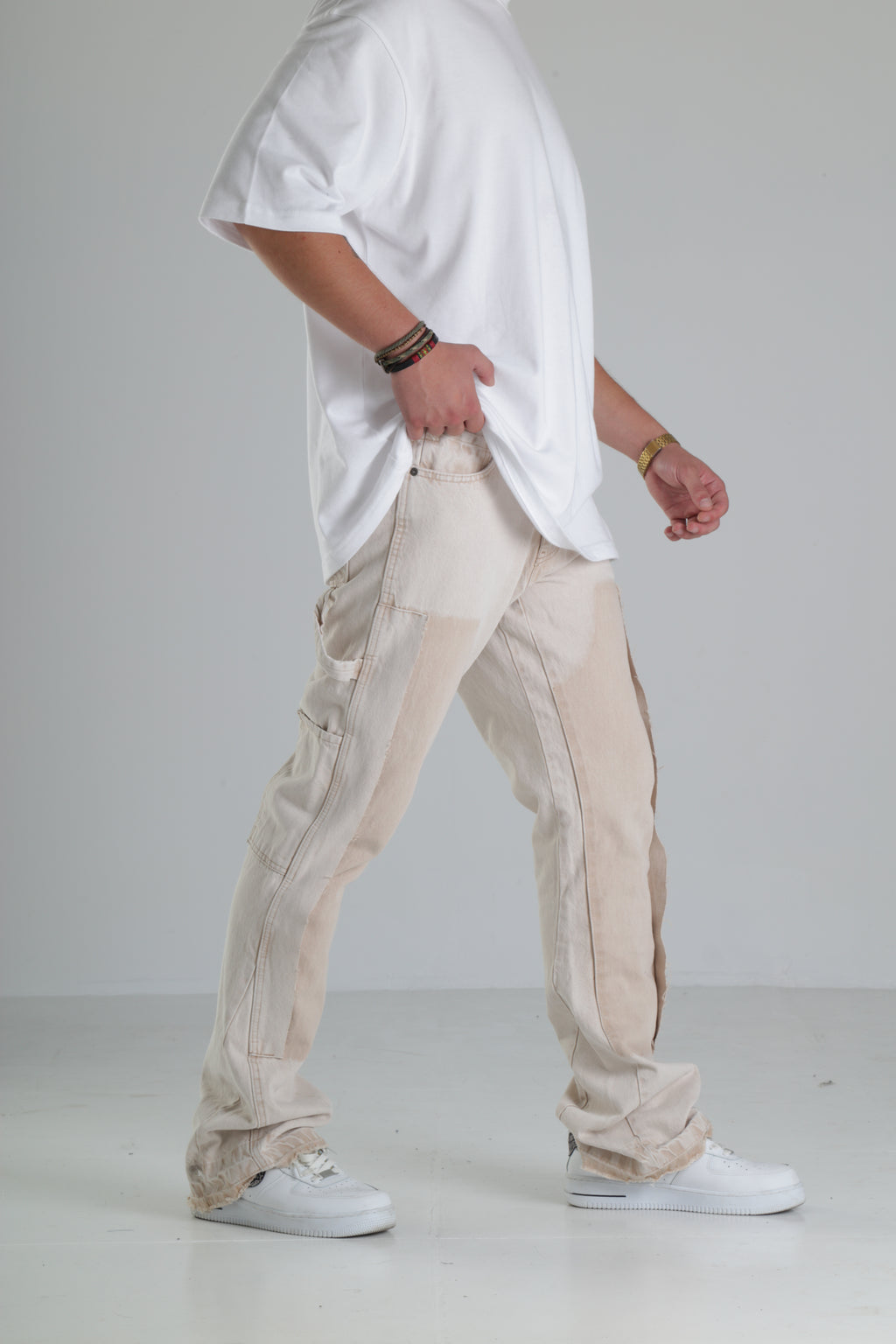 Bej Renk Yırtık Detaylı Baggy Jean Pantolon
