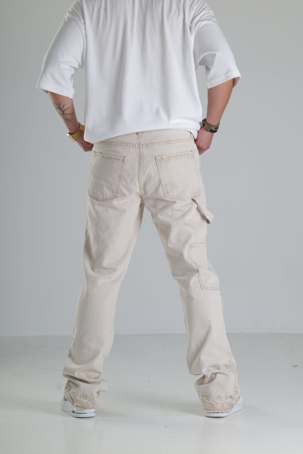 Bej Renk Yırtık Detaylı Baggy Jean Pantolon
