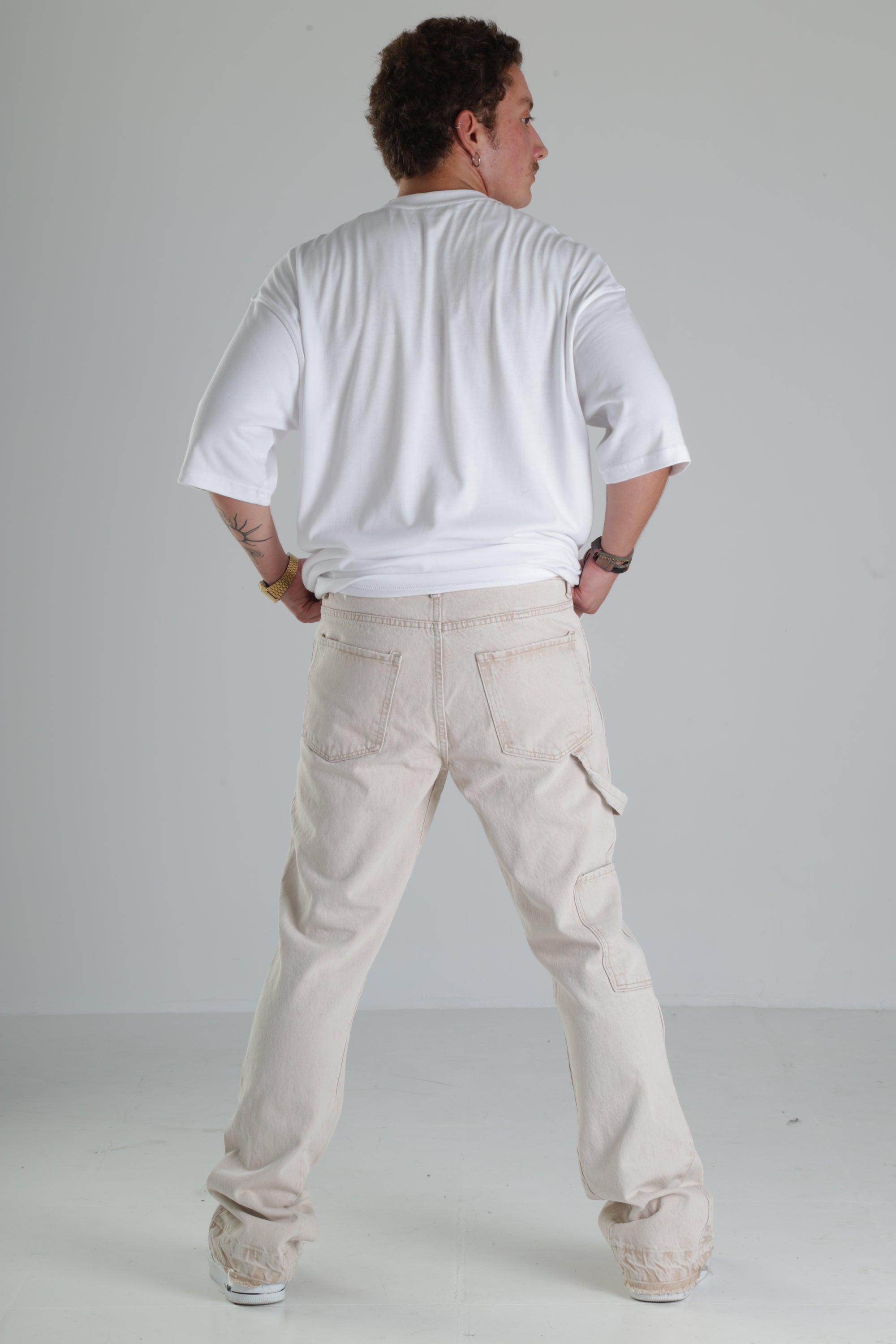 Bej Renk Yırtık Detaylı Baggy Jean Pantolon