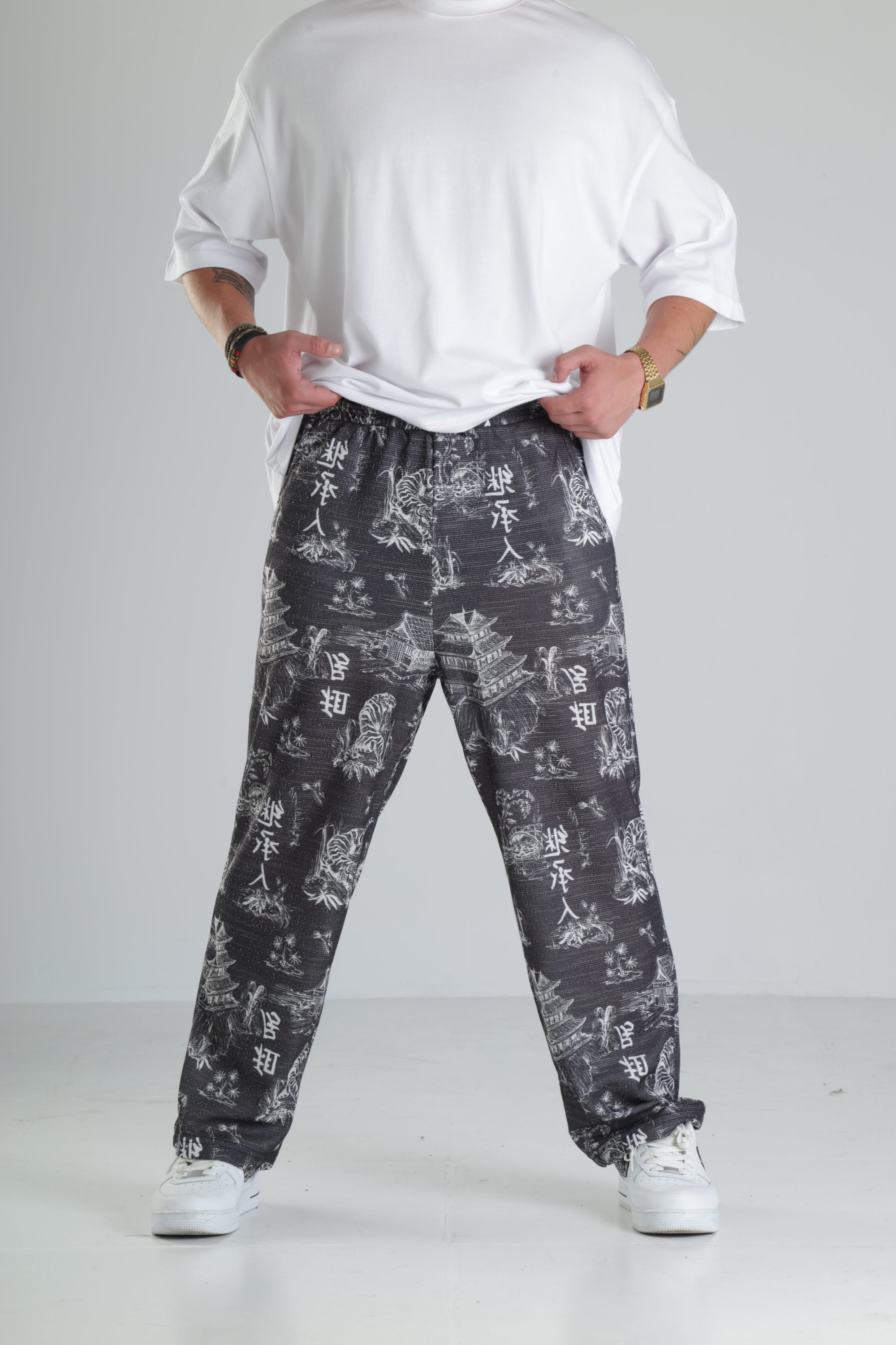Japon Desen Siyah Baggy Pantolon