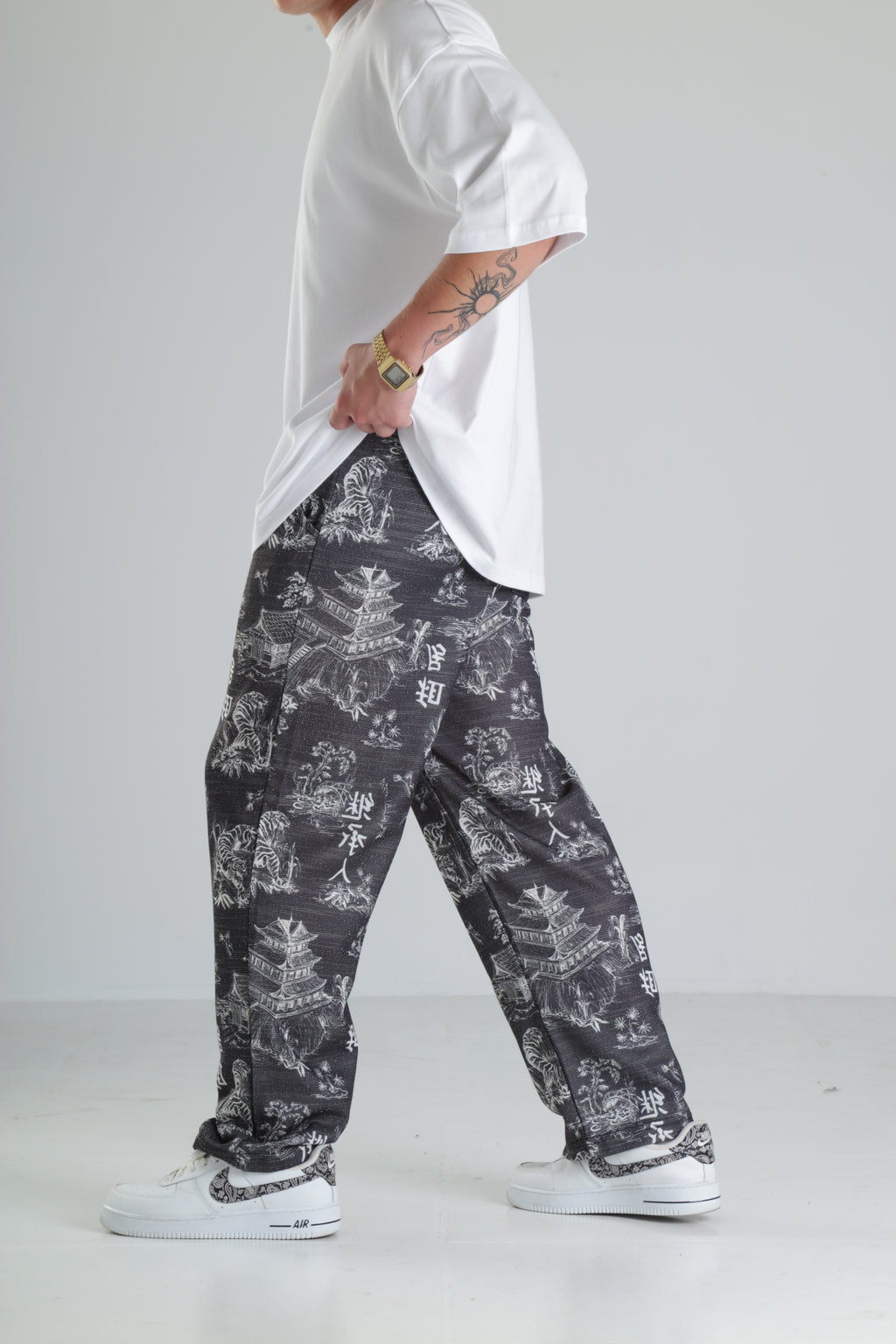 Japon Desen Siyah Baggy Pantolon