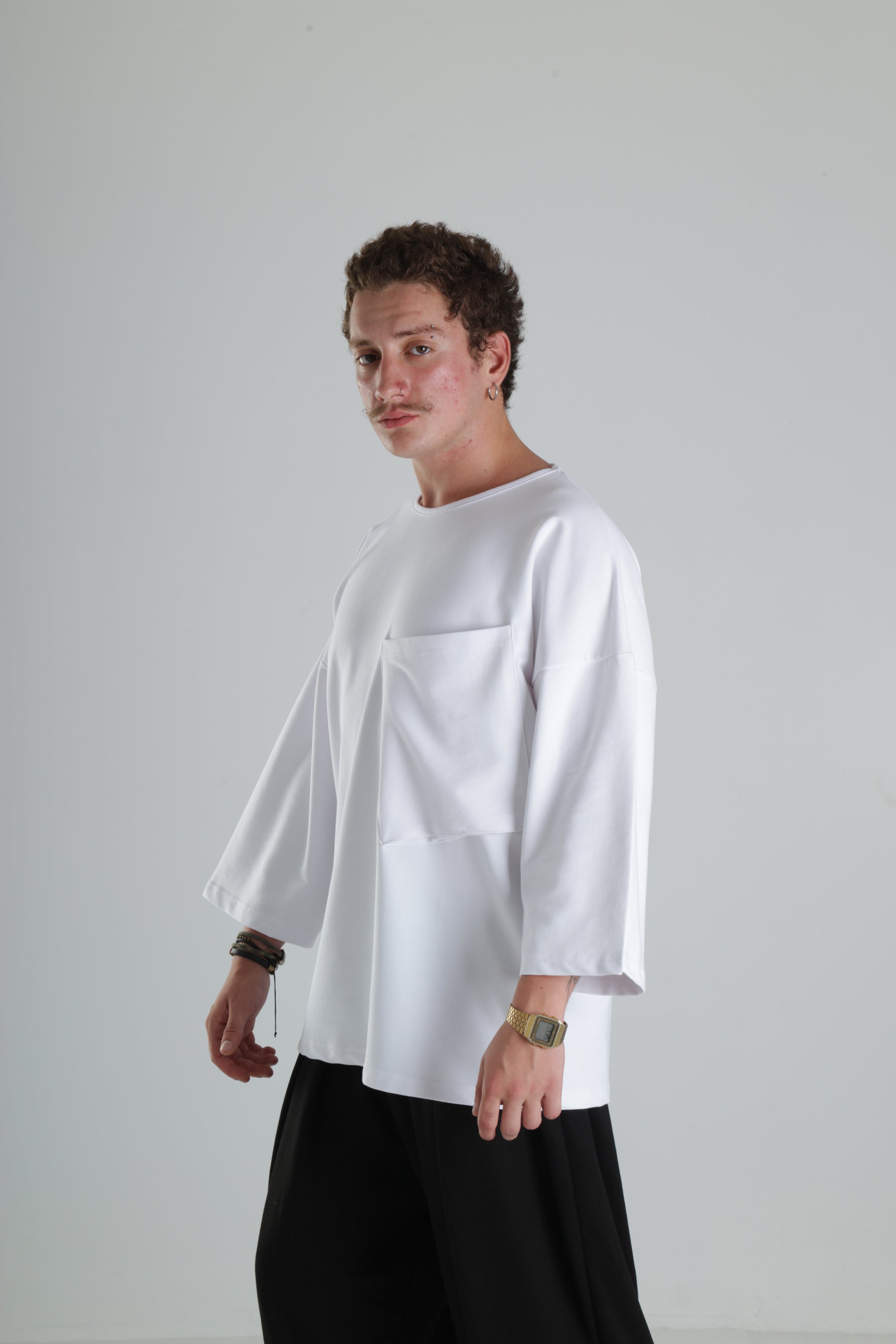 Oversize Cepli T-Shirt - Beyaz